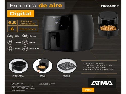 Freidora de Aire Atma FR60ARBP Digital Negra 6,5 Litros