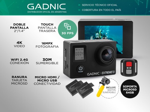 Cámara Deportiva Gadnic SX10 4K 16Mpx Pantalla Touch Batería Extra