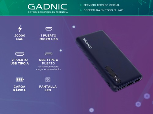 Cargador Portátil Gadnic BC-19 20000 mAh Carga Rápida USB C