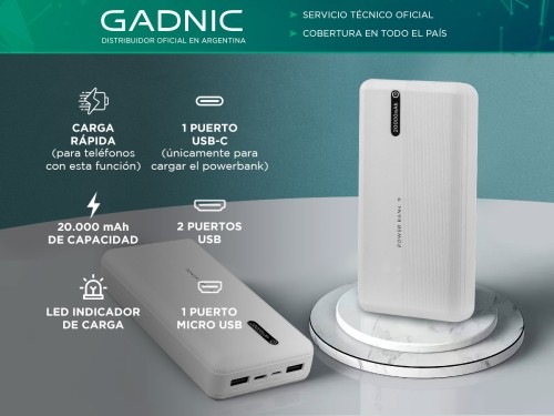 Power Bank Cargador portatil Gadnic 20000Mah Cable Micro Usb Tipo C