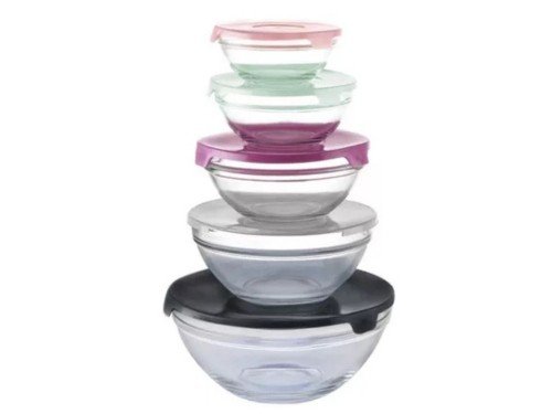 Set 5 Bowls Vidrio Tapa Multicolor Mix Fusión Carol