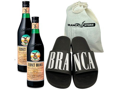 2 Fernet Branca 750ml + Ojotas Branca Negras + Bolsa de lino