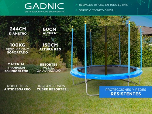 Cama Elástica Gadnic T8FT 2,44 mts con Red de Seguridad Reforzada Hast