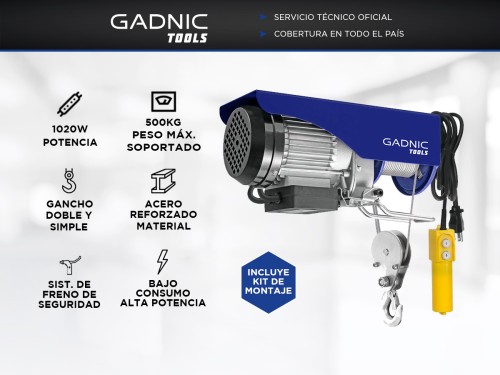 Aparejo Eléctrico Gadnic AP500 Hasta 500kg 1020w Gancho Doble y Simple