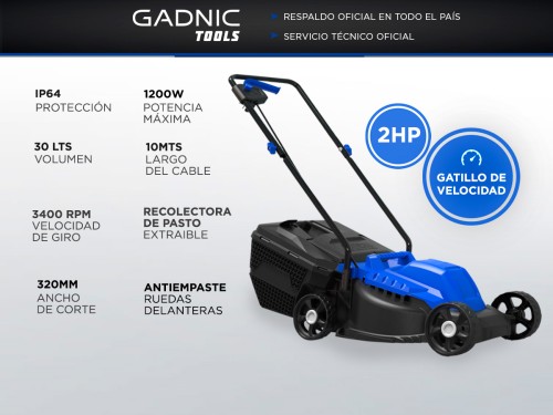 Cortadora de Pasto Gadnic Mower 1300 1200w 30Lts 220v