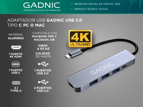 Adaptador USB C Hub Para Mac y Pc 4 en 1 Usb C - HDMI - Usb 3.0