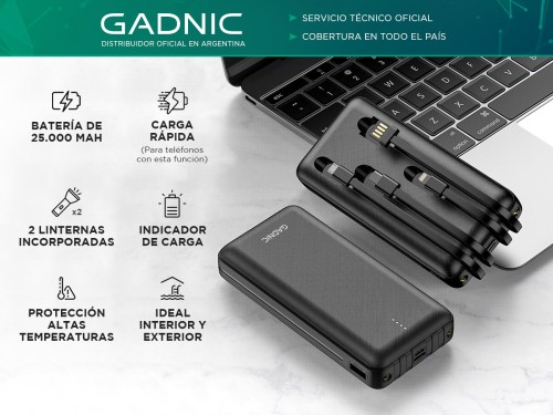 Power Bank Cargador 25000 Mah Gadnic Cable Micro Usb Tipo C iPhone