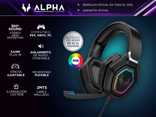 Auriculares Gamer Alpha A8800 Play Microfono Luz RGB Cancelacion Sonid