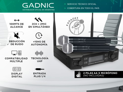 Micrófono Gadnic Inalámbrico Profesional de Mano 100mts 2CH 2Mic