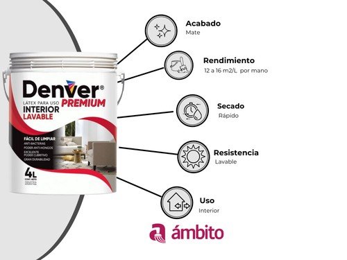 Pintura Para Interior Látex acrílico Lavable Premium Denver 10 Litros