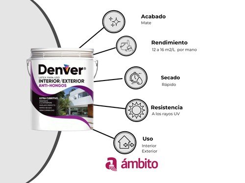 Pintura Para Interior/Exterior Látex Antihongo Blanco Denver 10 Litros