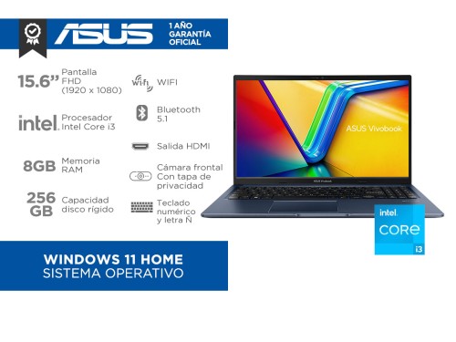 Notebook ASUS Vivobook 15 Intel®Core™ i3 6 núcleos 8GB 256GB X1502ZA-E