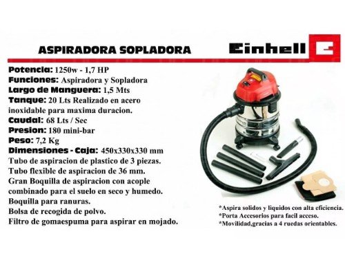 Aspiradora Sopladora Polvo Liquido Einhell Inox 20lts 1250w