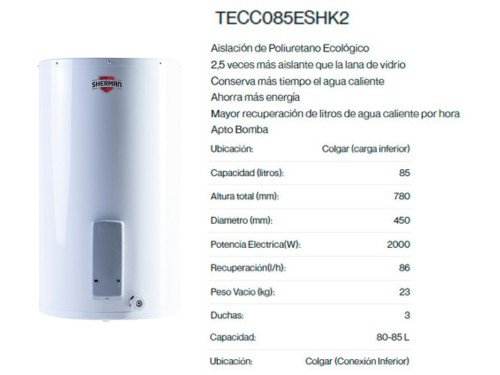 Termotanque Electrico De Colgar 85 Litros Conexion Inferior Sherman