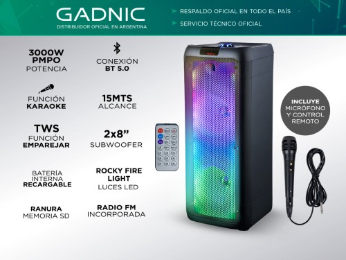 Parlante Gadnic Rocky Fire Led XBS30 Bluetooth 3000w SubWoofer 8