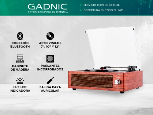 Tocadiscos Gadnic Soundix7 Retro Bluetooth 3 Velocidades USB