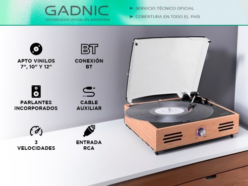 Tocadiscos Gadnic TD32 Bluetooth Portátil 3 Velocidades Aux-In RCA