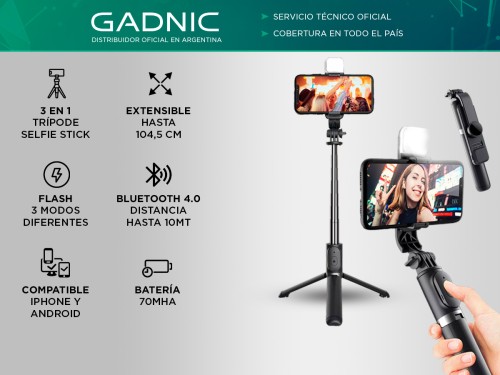 Tripode Gadnic Bastón de Selfie Con Bluetooth y Flash