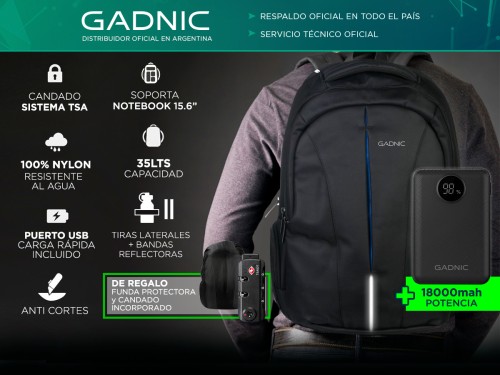 Kit Mochila Antirrobo Porta Notebook Gadnic + Cobertor Lluvia + Power