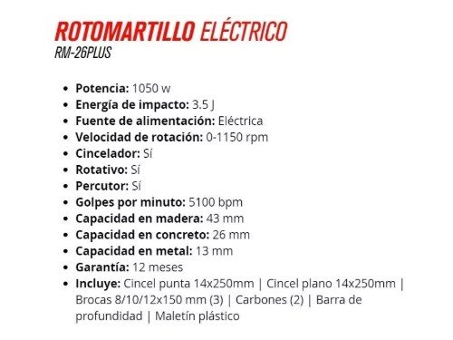 Rotomartillo Sds Plus 1050w 2,8j +cinceles +mechas +maletin