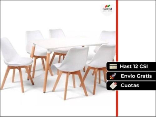 Juego De Comedor Mesa 140x80 + 6 Sillas TulipBlanco