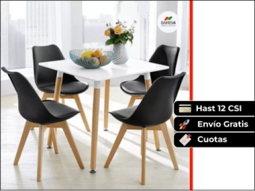 Juego De Comedor Mesa Eames 70x70 + 4 Sillas TulipNegro