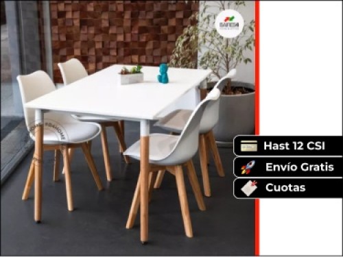 Juego De Comedor Mesa Eames 120x80 + 4 Sillas TulipBlanco