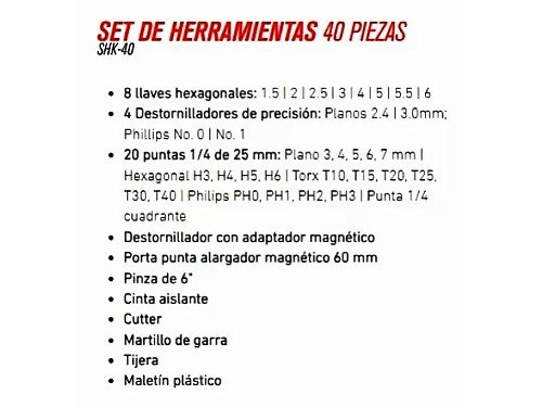 Set Kit Herramientas 40 Piezas Martillo Maletin Mecánica