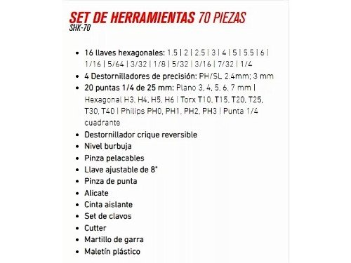 Set Kit Herramientas 70 Piezas Martillo Maletin Mecánica