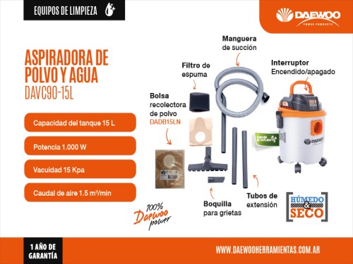 Aspiradora Daewoo DAVC90-15L polvo agua 15 lt 1000W