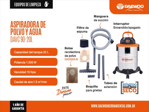 Aspiradora Daewoo DAVC 90-20L polvo agua 20 lt 1000W