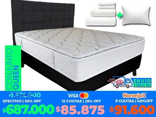 Colchón Queen Elegante +sommier+ respaldo costura +sabanas y almohadas