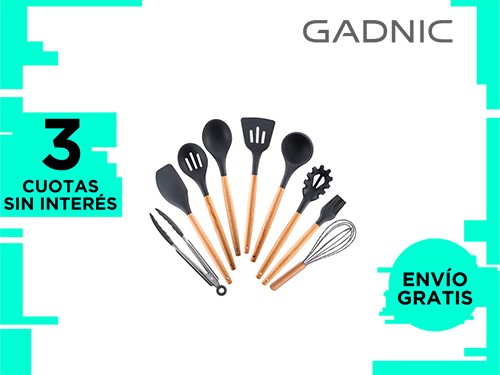 Set x 9 Kit Utensilios De Cocina GADNIC BLACK2.0 Mango Madera Punta Si