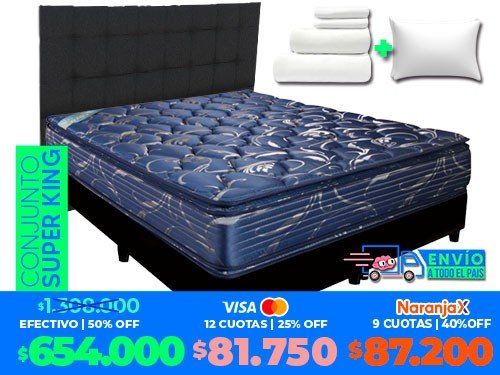 Colchón SuperKing Taurus +Sommier +Respaldo Costura+ sábanas+almohadas