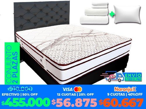 Colchón 2plazas Elegante+Sommier +Respaldo Capitoné+ sábanas+almohadas