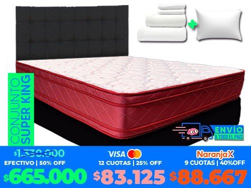 Colchón SuperKing Elegante+Sommier+Respaldo Costura+ sábanas+almohadas