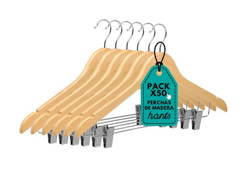50 Perchas De Madera Lustrada Con Broches Barnizada Premium X Mayor