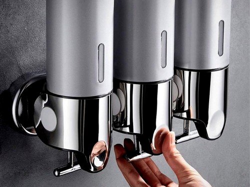 Dispenser Triple De Pared Plateado Para Jabón Shampoo Crema
