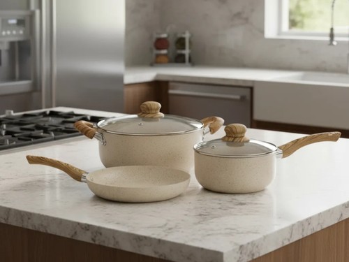 Set Ollas Fary Home Bateria Cocina 5 Piezas Antiadherentes Crema