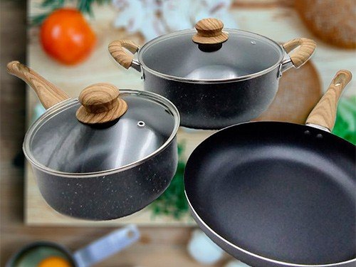 Batería De Ollas Juego Cocina Tapa Antiadherente 5 Piezas Granito