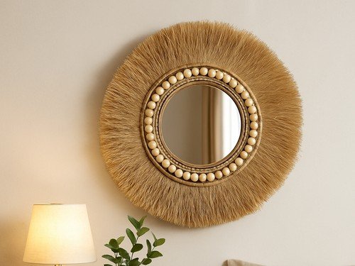 Espejo Fibras Naturales Ratan Vintage Estilo Boho Beige
