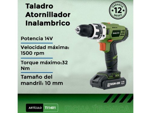 Taladro Atornillador Inalambrico con maletín TI1401 Philco