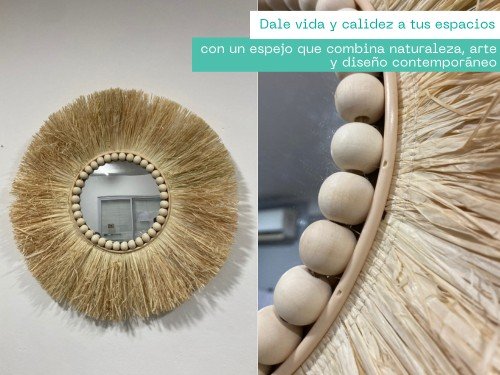 Espejo Fibras Naturales Ratan Vintage Flecos Boho Beige