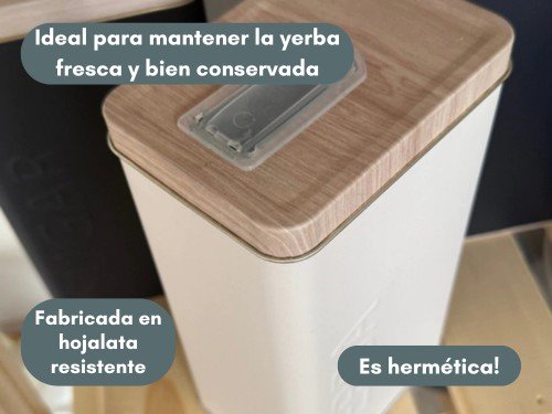 Yerbera Lata Hojalata Nórdica Tapa Simil Madera Grabado Yerba