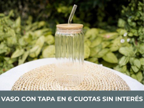 Vaso de Vidrio Acanalado con tapa de Bamboo y Bombilla de Vidrio