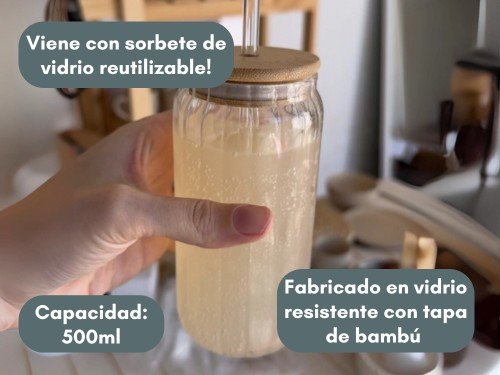 Vaso de Vidrio Acanalado con tapa de Bamboo y Bombilla de Vidrio