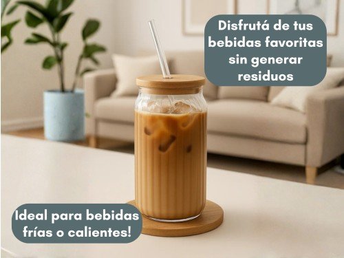 Vaso de Vidrio Acanalado con tapa de Bamboo y Bombilla de Vidrio