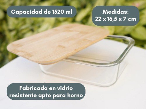 Tupper de Vidrio Tapa de Bamboo Hermetica 1520ml resistente apto horno