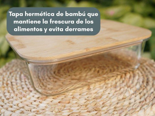 Tupper de Vidrio Tapa de Bamboo Hermetica 1520ml resistente apto horno