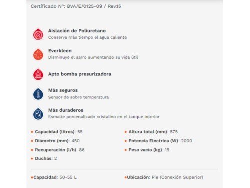 Termotanque Electrico De Pie Saiar 55 Litros Conexión Superior